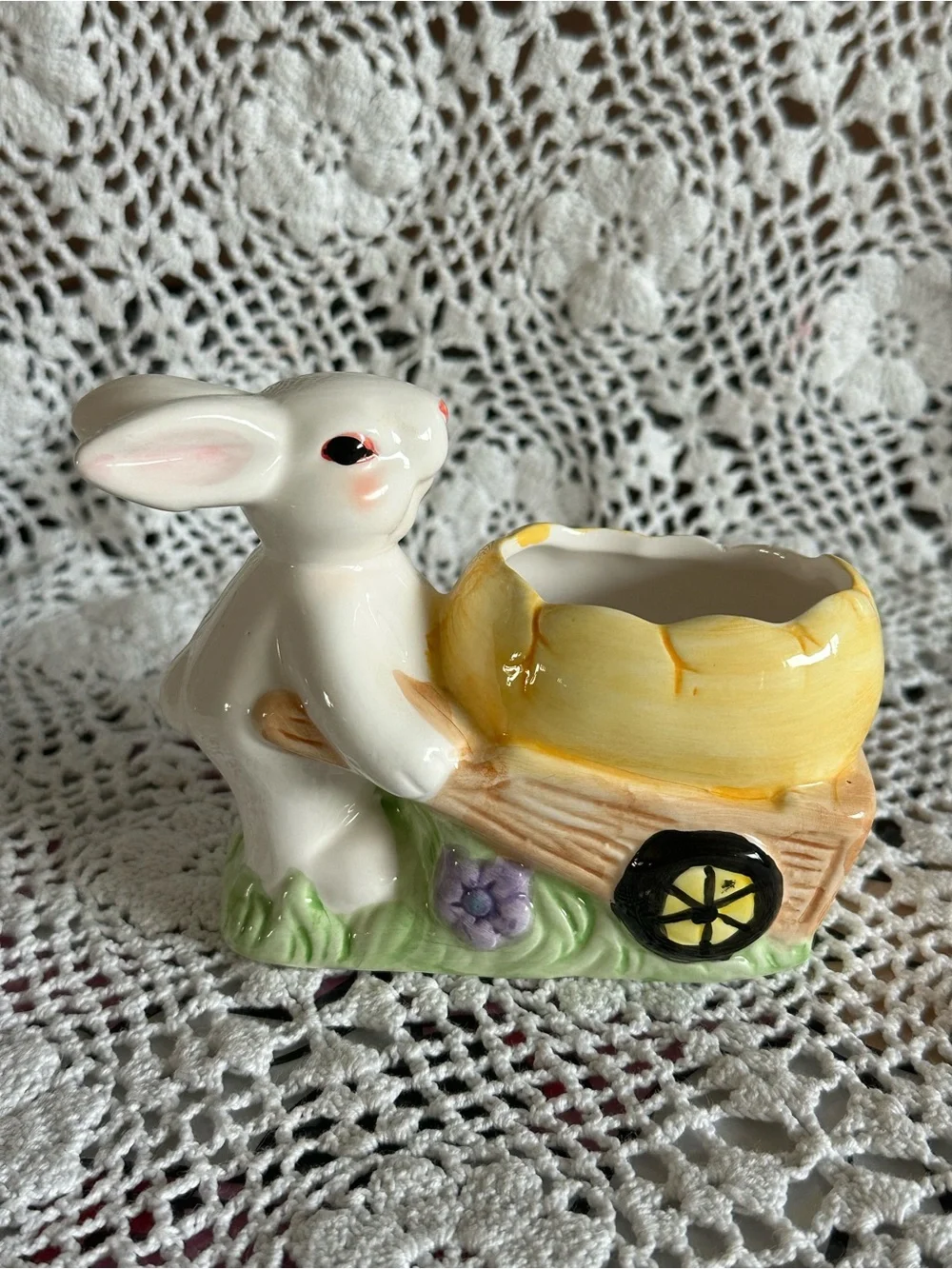 Vintage White Ceramic Bunny Planter with Yellow Egg Cart Wheel, Easter, Spring